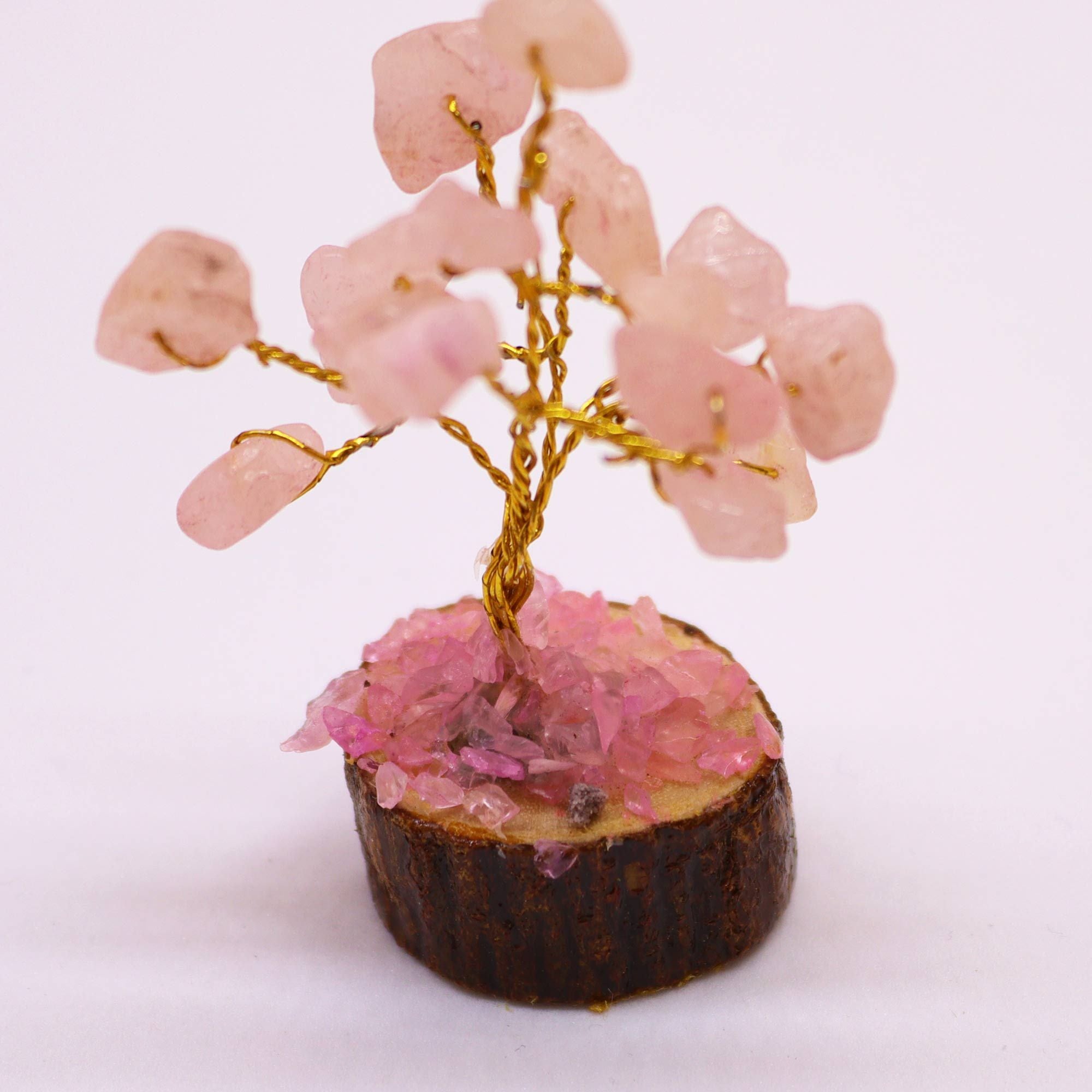 Mini árbol de piedras preciosas sobre base de madera - Cuarzo rosa (15 piedras)