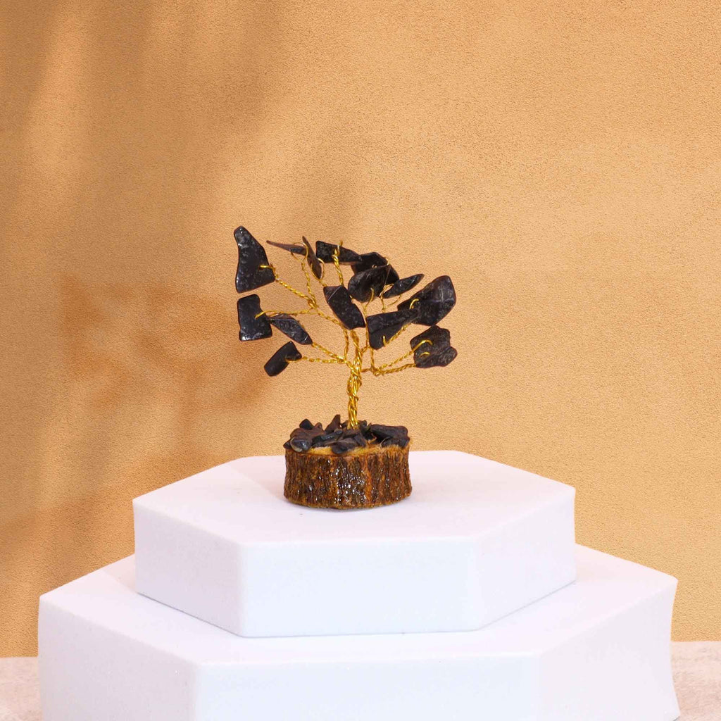 Mini árbol de piedras preciosas sobre base de madera - Ágata negra (15 piedras)