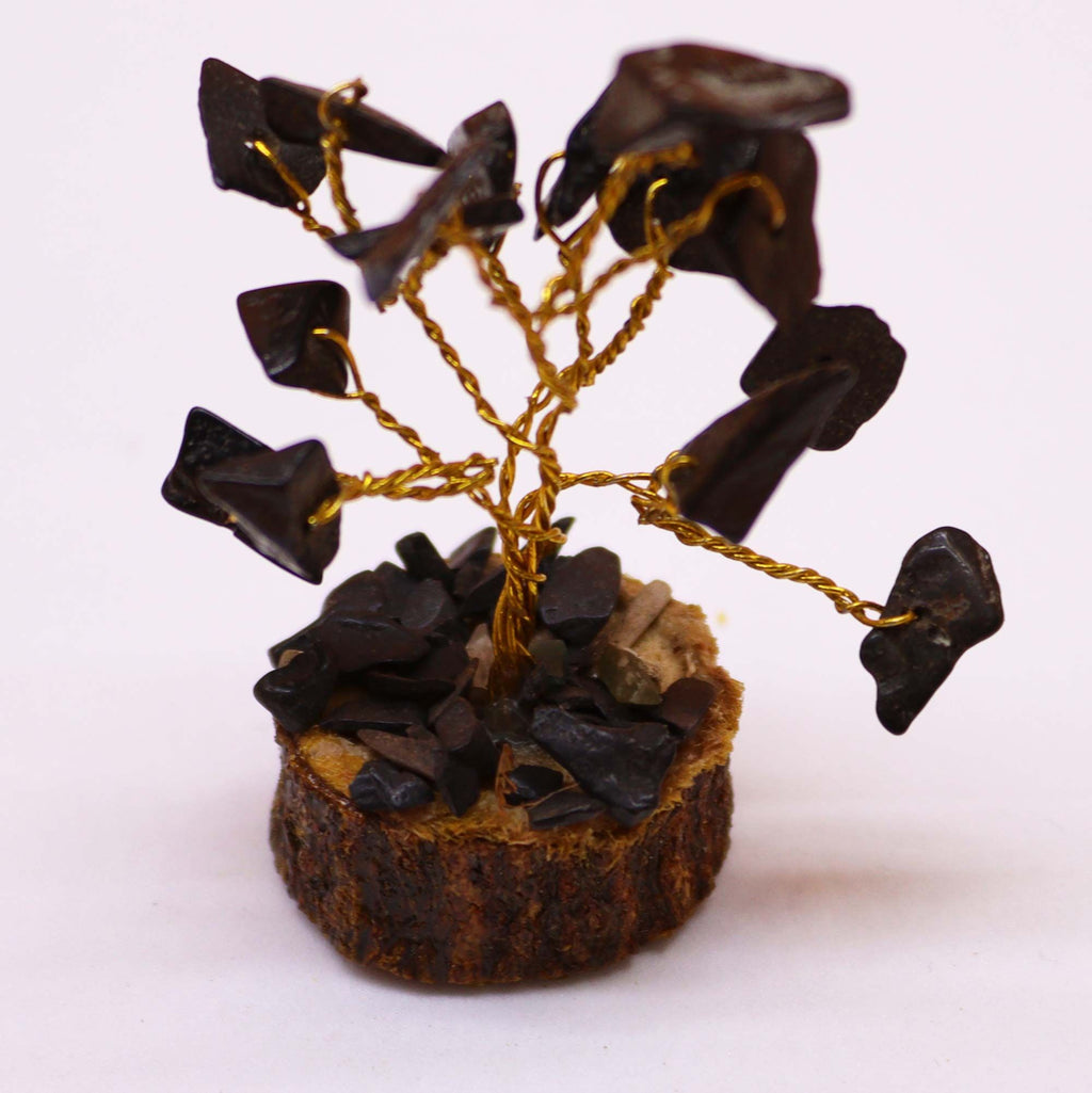 Mini árbol de piedras preciosas sobre base de madera - Ágata negra (15 piedras)