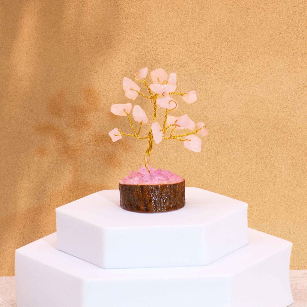 Mini árbol de piedras preciosas sobre base de madera - Cuarzo rosa (15 piedras)